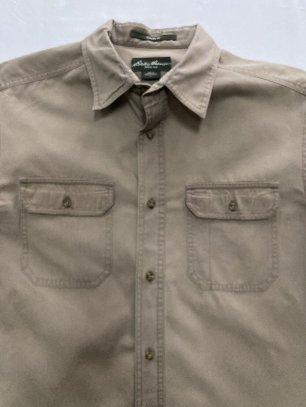 Eddie Bauer Men's Large Short Sleeve Button Down Shirt Classic Fit Khaki Cotton - Picture 2 of 6